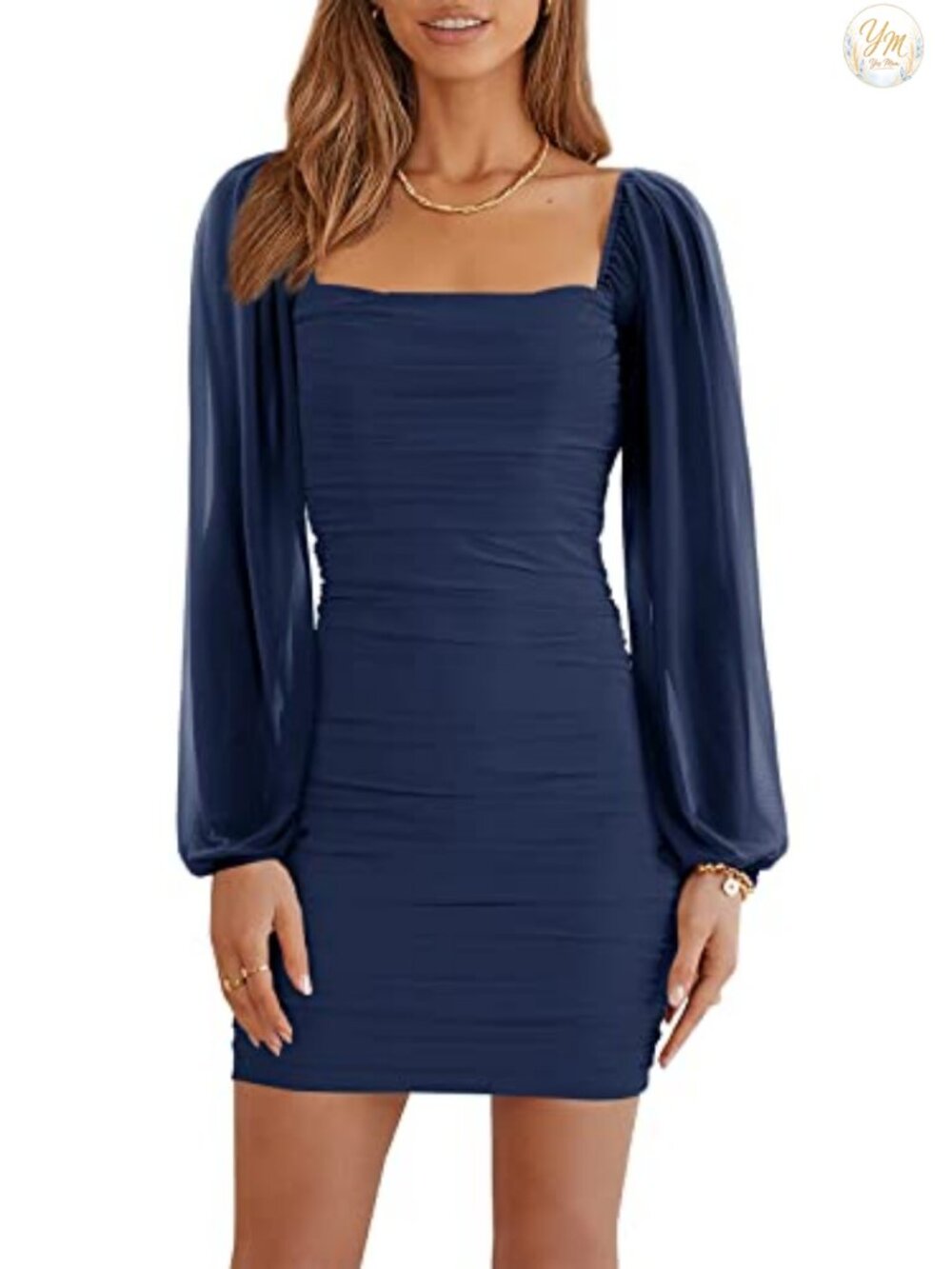 Women Mesh Long Sleeve Square Neck Ruched Bodycon Mini Dress Party Club